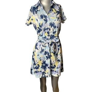 Rienda Suelta Blue & Yellow Floral Belted Collared Sun Dress, S/M